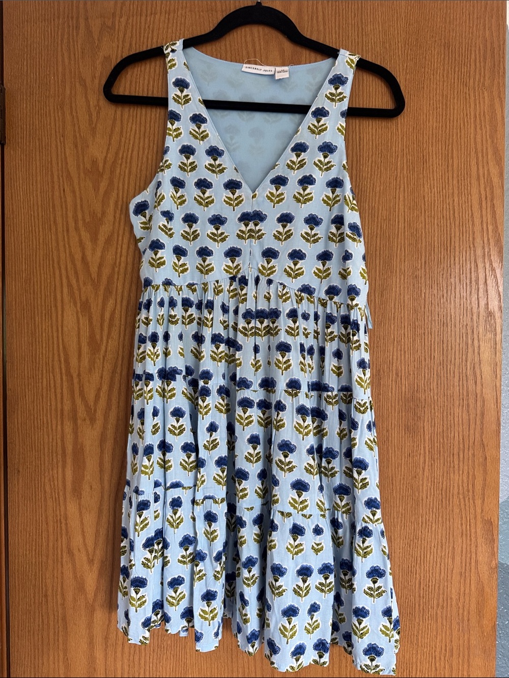 Sincerely Jules Light Blue Floral Midi Dress with Blue & Olive Print